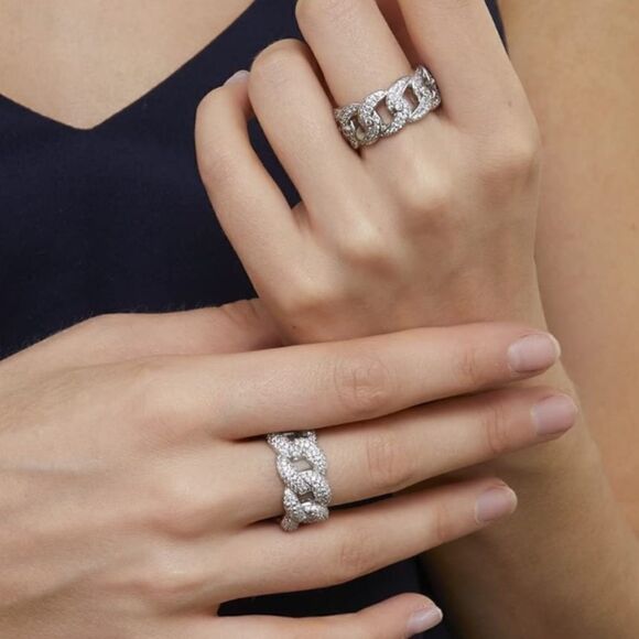 14K White Gold & White Diamond Cubic Zirconia Interlocking Cuban Statement Ring - Picture 5 of 5